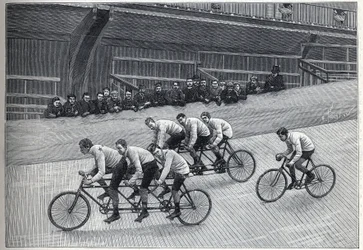 Um ciclista de recordes com os seus treinadores em comboios triplet numa pista de bicicletas. Gravura em "La Nature".