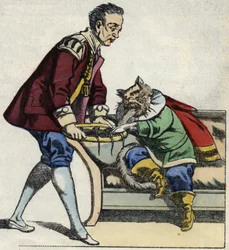 Um criado serve botas de gato a um tabuleiro de rato. Ilustração do conto "The cat botte", de Charles Perrault