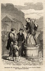 Um comerciante de conchas no meio da rua se levanta em equilíbrio no barril que contém suas mercadorias, que ele reboca com dois longos pauzinhos. Gravura para ilustrar a viagem ao Japão, em 1863-1864, de Aime Humbert, ministro da Confederação Suíça, em "L