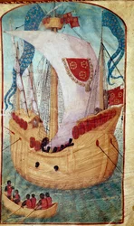 Um navio com velas decoradas do brasão de Louis Malet (1441-1516), seigneur de Granville Miniature de Olivier de la Marche (1425-1502) 1483 Chantilly, Musee Conde
