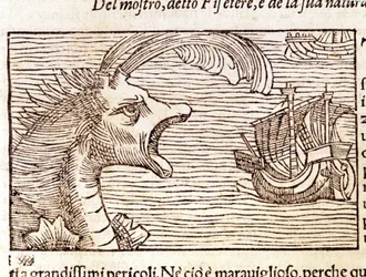 Um cachalote (?) (físico) ataca uma nave. Gravura de Olaus Magnus (1490 - 1557), religioso e geógrafo sueco, "Historia de Gentis Septentrionalibus", Veneza