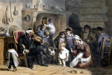 Uma vigília: família reunida ao redor de um padre tocando violino. Século XIX.
