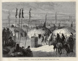 Uma aldeia de índios Mandans (ou noumah ka kie: faisões) na margem esquerda do Missouri, a 600 léguas da cidade de Saint Louis. Gravura para ilustrar uma excursão entre as tribos indígenas das bacias da Colômbia e do Alto Missouri, de G. Catlin, em 1