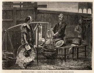 Um comerciante ambulante fritando, carrega seus donuts em cestas, e viaja ao mercado para vender, aos outros comerciantes, o almoço. Gravura para ilustrar a viagem ao Japão, em 1863-1864, de Aime Humbert, ministro da Confederação Suíça, em "Le tour du mond
