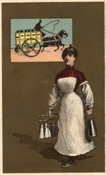 Um comerciante de leite ambulante (entrega ou lacticínio). Cromolitografia anónima, finais do século XIX.