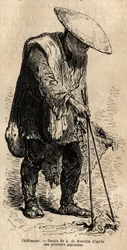 Um trapo andante, usando longos pauzinhos ele agarra os trapos que armazena na sua cesta antes de os vender a um grossista. Gravura para ilustrar a viagem ao Japão, de Aime Humbert, ministro da Confederação Suíça, em 1863-1864, publicada em "le tour du