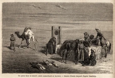 Um poço no deserto, entre Samarkand e Karshi (cidades do atual Uzbequistão). Desenho de Emile Bayard (1837-1891), para ilustrar a viagem à Ásia Central, em 1863, de Arminius Vambery (cientista húngaro disfarçado em dervixe). Gravura em "L