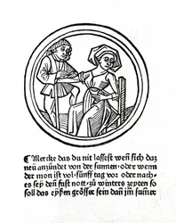 Uma mulher está a sangrar. Xilografia em "Buch de Surgery" de Hyeronimus Braunschweig. Estrasburgo 1497