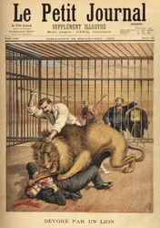 Um jovem, querendo ser fotografado na gaiola de um leão, é devorado, apesar dos esforços do domador para segurar o leão. Gravura no "Le petit journal" 29/09/1895. A coleção de Selva.