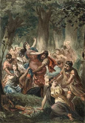 Rapto dos Sabines pelos romanos. Gravura de 1881.in "El Culto de la Hermosura" de Juan Justo Huguet, Molinas Hermanos editores