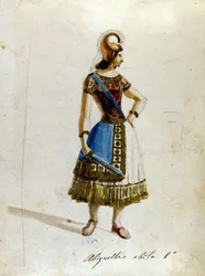 Traje de Abigaille na ópera de Giuseppe Verdi (1813 - 1901), "Nabucco" primeiro chamado Museu "Nabucodonosor" do Scala