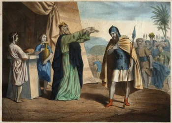 Abraão, vencedor das quatro pedras, recebeu a bênção de Melquisedec (Melchisedec ou Melchizedek ou Melkisedeq ou Melki-Tsedeq ou Melki Tsedeq), rei de Salém. Gravura anónima de meados do século XIX.