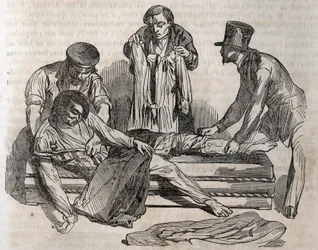 Medicina de acidentes - sobre o alívio mais eficaz a dar aos afogados - para se despir o mais rápido possível, é preciso rasgar os efeitos molhados - gravação em "La Sante Universelle - Guide Medical des Familles" 1852