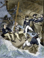 Almirante Nelson durante a Batalha de Santa Cruz de Tenerife (Tenerife), Ilhas Canárias: "Esta é a minha vez agora; se eu não acreditar que será a sua..." Gravura da pintura do Oeste.