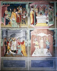 Adoração dos Magos, circuncisão, zombaria, flagelação, Vida de Cristo (século XV), frescos, Capela de São Sebastião, Villard-de-Lans, Rhone-Alpes, França.
