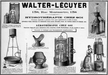 Publicidade de 1889 para móveis para banhos, chuveiros de água, vapor seco ou úmido, bidé, marca Walter-Lecuyer (Walter Lecuyer).