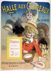 Cartaz publicitário do "Halle aux chapéus", rue de Belleville em Paris