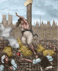 Affaire des Poisons: Catherine Deshayes, esposa Monvoisin e apelidada de La Voisin (1640-1680) foi colocada no açougue, sentada e amarrada com ferro; ela jurou e repeliu a palha - em "Paris a travers les siecles" por Kenouillac
