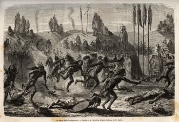 Após a cerimónia de entrega ao Grande Espírito, os jovens guerreiros entre os índios mandan, ou Noumah ka kie, faisões, entregam-se a uma dança frenética e impetuosa; os mais fracos são arrastados pelo chão, na margem esquerda do Missouri. Gravura para ilu