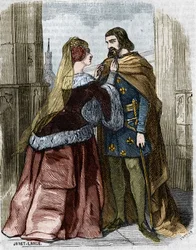 Agnes Sorel (1422-1450) (Lady of Beaute sur Marne) (Beaute-sur-Marne) e Rei da França Carlos VII na Abadia de Jumieges. Gravura do século XIX.