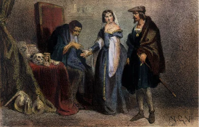Agnes Sorel (1422-1450) (Lady of Beaute sur Marne) (Beaute-sur-Marne), conhecida como "La Belle Agnes", favorita de Carlos VII consultando uma astróloga. Gravura do século XIX. Biblioteca de Brera. Milão.