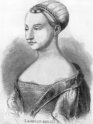 Agnes Sorel (1422-1450) (Lady of Beaute sur Marne) (Beaute-sur-Marne), conhecida como "La Belle Agnes", preferida por Carlos VII. Gravura do século XIX.