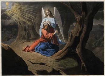 Agonia no Jardim - A oração de Cristo no Jardim das Oliveiras. Gravura anónima de meados do século XIX.