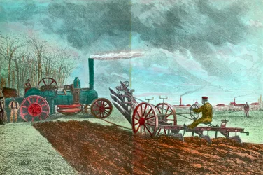 Trabalho e progresso agrícola: aragem a vapor. Gravura do século XIX Colecção privada