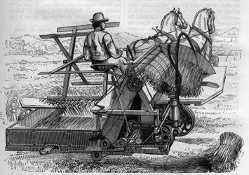 Agricultura e maquinaria agrícola: uma nova ceifeira-debulhadora desenhada por cavalos que prende automaticamente as roldanas de touros nos campos. Gravura em "La Nature".