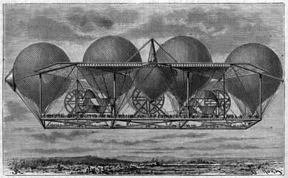Projeto de aeronave do inventor Ernest Petin 1812-1878). Gravura em "Le journal de la jeunesse".