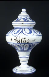 Albarelle: vaso de farmácia do século XVI contendo Aloe. Museu de Ciência e Tecnologia, Milão.