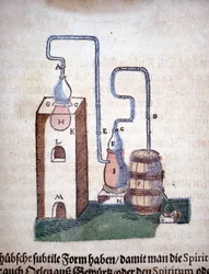 Alquimia: Aparelho para destilação, retirado de um livro de Pietro Andrea Mattioli (Matthiole) (1500-1577). Frankfurt
