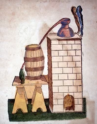 Alquimia: aparelho para destilação. Gravura de um livro de Pietro Andrea Mattioli (Matthiole) (1500-1577). Frankfurt
