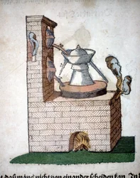 Alquimia: aparelho para destilação, retirado de um livro de Pietro Andrea Mattioli (Matthiole) (1500-1577). Frankfurt