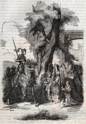 Alcina e sua corte vêm saudar Ruggiero - Gravura de 1851 do poema Orlando furioso (1516) de Ludovico Ariosto, - Edição traduzida do italiano pelo Conde de Tressan e publicada por Gustave Harvard 1851