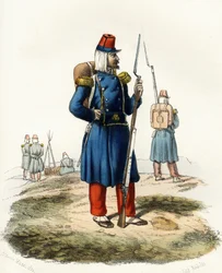 Algerie, infantaria ligeira do exército francês de África durante a expedição de 1830. Em "Storia d