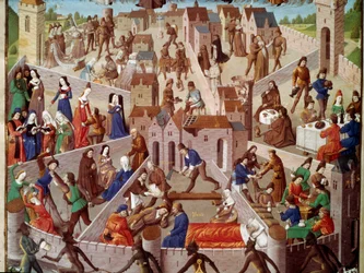 Representação alegórica da cidade terrestre, pecado humano, orgulho, raiva, luxúria, inveja, preguiça, excessos e suas virtudes opostas, piete, nuance, sobriete... Miniatura do manuscrito ms. 8346, fr. 18, fol. 3