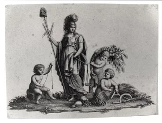 Alegoria da República Cisalpina (Cisalpina) criada por Napoleão Bonaparte em 27/06/1797 sobre o modelo francês na Itália, que se tornou a República Italiana em 1802. Os símbolos da República Francesa estão representados. Gravura Museo del risorgimento, Mil