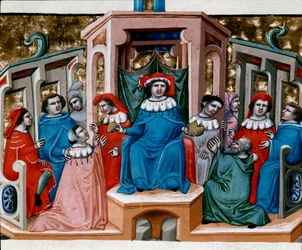 Alegoria da Lei Miniatura extraída do Código Justiniano (Codex Justinianus), uma coleção de leis e instituições publicadas sob o Imperador Romano Justiniano I de Bizâncio (483-565)