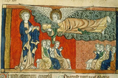 Alegoria da queda da Babilónia (com anjo) - Miniatura da Idade Média (ref.815, 032r): Pedido de autorização da Biblioteca Municipal de Toulouse (tel: 05 62 27 66 66)
