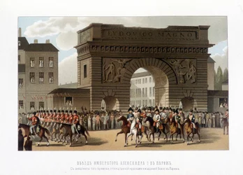 Os aliados entraram em Paris em 31 de março de 1814 (Rússia Alexandre I, o imperador austríaco François I e o rei prussiano Frederico Guilherme III.) gravura de 1826.