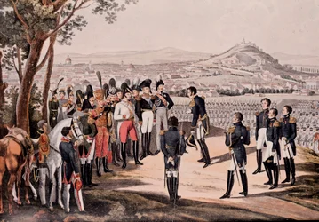 Aliados da Prússia sob Schwartzenberg derrotaram o francês sob Marmont/Mortier (gravura)
