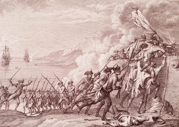 Guerra Revolucionária Americana: A Invasão da Dominica pelo exército francês em 7 de Setembro de 1778 (Gravura