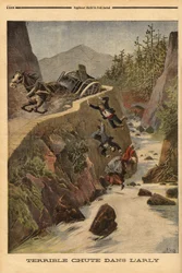 Um acidente com um tanque num banco em Savoie, o veículo capota e os passageiros são precipitados em Arly. Gravação no "Le petit journal" 2/08/1896. Coleção da Selva.