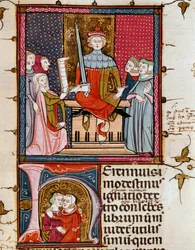 Uma mulher adúltera comparecendo perante um juiz miniatura do "Justiniani in Fortiatum" Fol. 39 Biblioteca Real do Mosteiro do Escorial (Escorial), Espanha, século XIV
