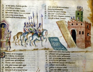 Um exército aproxima-se de um castelo. Miniatura do «Roman de Troie» de Benoît de Sainte-Maure. Século XIV, Biblioteca Marciana, Veneza.