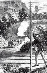 Uma gravura representando um trabalhador ferroviário que envia um sinal de emergência num telégrafo ferroviário
