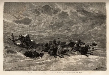 Um trenó eskimau e sua equipe de cães, a maneira mais rápida e confiável de viajar no Ártico. Gravura para ilustrar a viagem ao mar livre do pólo Ártico, do Dr. Hayes, cirurgião da Marinha dos Estados Unidos, em 1860-1862, publicada em "Le tour du