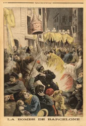 Ataque anarquista em Barcelona, explosão de bomba na procissão deixando a igreja de Santa Maria, rua nuevos cambios. Gravação no "Le petit journal" 21/06/1896. Coleção da Selva.