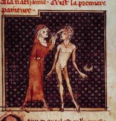 Figura anatómica: O cirurgião incide na testa de um paciente. Miniatura do manuscrito "Cirurgia" (Folio 8) escrito por Henri de Mondeville (cirurgião de Philippe Le Bel professor de anatomia)
